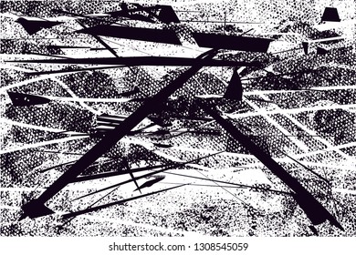 Distressed background in black and white texture with  dark spots, scratches and lines. Abstract vector illustration