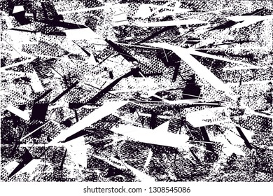 Distressed background in black and white texture with  dark spots, scratches and lines. Abstract vector illustration