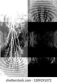 Distressed background in black and white texture from bare tree with circles, spots, scratches and lines. Abstract vector illustration