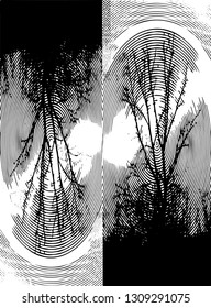 Distressed background in black and white texture from bare tree with circles, spots, scratches and lines. Abstract vector illustration