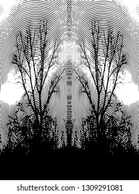 Distressed background in black and white texture from bare tree with circles, spots, scratches and lines. Abstract vector illustration