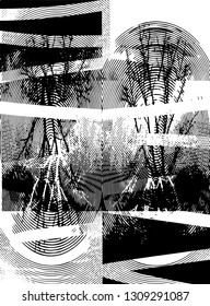 Distressed background in black and white texture from bare tree with circles, spots, scratches and lines. Abstract vector illustration
