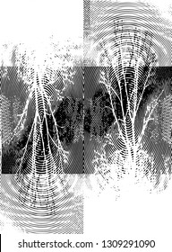 Distressed background in black and white texture from bare tree with circles, spots, scratches and lines. Abstract vector illustration