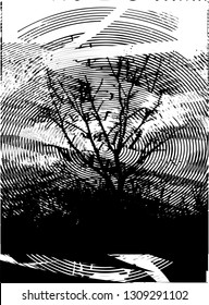 Distressed background in black and white texture from bare tree with circles, spots, scratches and lines. Abstract vector illustration