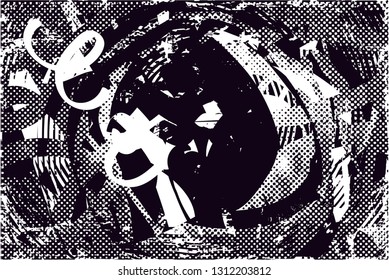 Distressed background in black and white texture with  dark spots, scratches and lines. Abstract vector illustration
