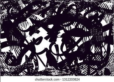 Distressed background in black and white texture with  dark spots, scratches and lines. Abstract vector illustration