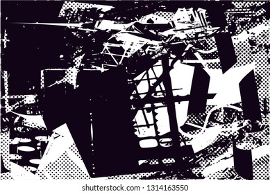 Distressed background in black and white texture with  dark spots, scratches and lines. Abstract vector illustration