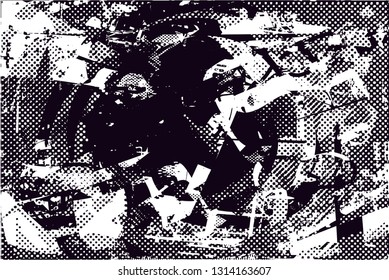 Distressed background in black and white texture with  dark spots, scratches and lines. Abstract vector illustration