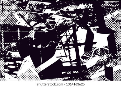 Distressed background in black and white texture with  dark spots, scratches and lines. Abstract vector illustration