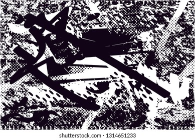 Distressed background in black and white texture with  dark spots, scratches and lines. Abstract vector illustration