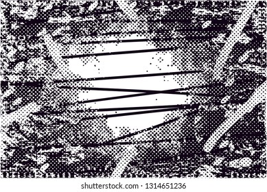 Distressed background in black and white texture with  dark spots, scratches and lines. Abstract vector illustration
