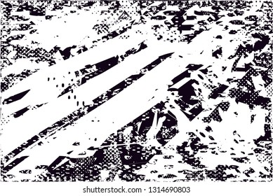 Distressed background in black and white texture with  dark spots, scratches and lines. Abstract vector illustration