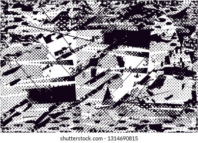Distressed background in black and white texture with  dark spots, scratches and lines. Abstract vector illustration