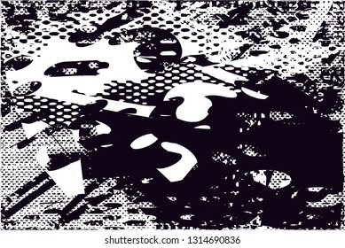 Distressed background in black and white texture with  dark spots, scratches and lines. Abstract vector illustration