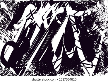 Distressed background in black and white texture with  dark spots, scratches and lines. Abstract vector illustration