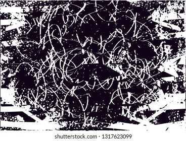 Distressed background in black and white texture with  dark spots, scratches and lines. Abstract vector illustration