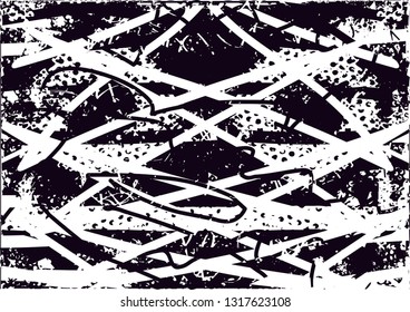 Distressed background in black and white texture with  dark spots, scratches and lines. Abstract vector illustration