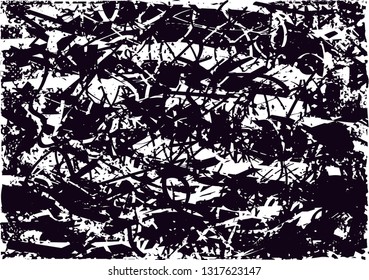 Distressed background in black and white texture with  dark spots, scratches and lines. Abstract vector illustration