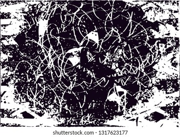 Distressed background in black and white texture with  dark spots, scratches and lines. Abstract vector illustration