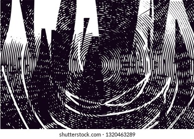 Distressed background in black and white texture with circles, spots, scratches and lines. Abstract vector illustration