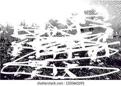Distressed background in black and white texture with circles, spots, scratches and lines. Abstract vector illustration