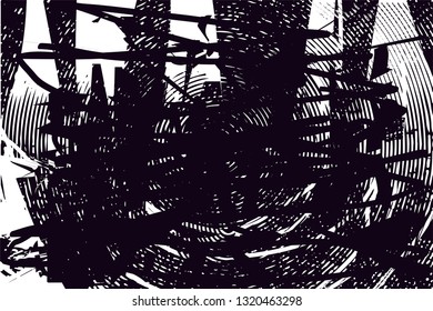 Distressed background in black and white texture with circles, spots, scratches and lines. Abstract vector illustration
