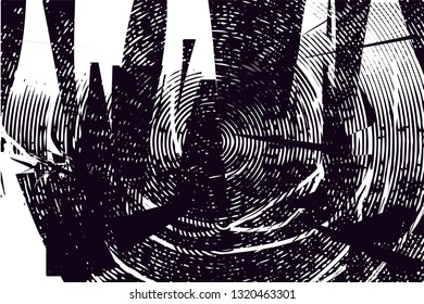 Distressed background in black and white texture with circles, spots, scratches and lines. Abstract vector illustration