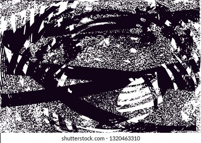 Distressed background in black and white texture with circles, spots, scratches and lines. Abstract vector illustration