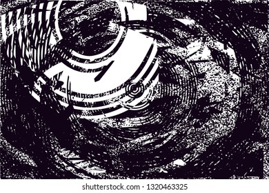 Distressed background in black and white texture with circles, spots, scratches and lines. Abstract vector illustration