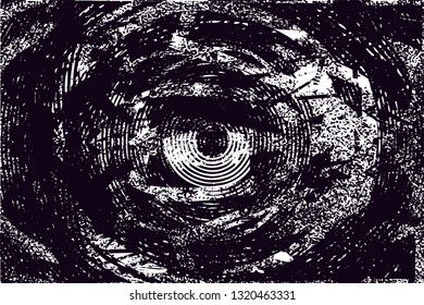 Distressed background in black and white texture with circles, spots, scratches and lines. Abstract vector illustration