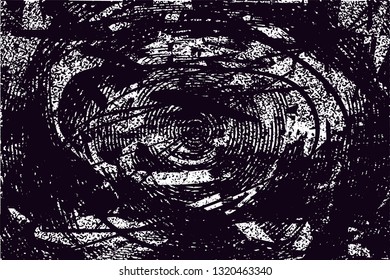 Distressed background in black and white texture with circles, spots, scratches and lines. Abstract vector illustration