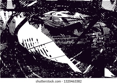 Distressed background in black and white texture with circles, spots, scratches and lines. Abstract vector illustration