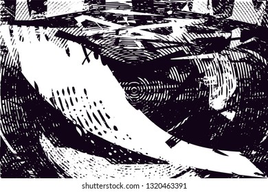 Distressed background in black and white texture with circles, spots, scratches and lines. Abstract vector illustration