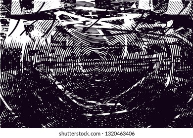 Distressed background in black and white texture with circles, spots, scratches and lines. Abstract vector illustration