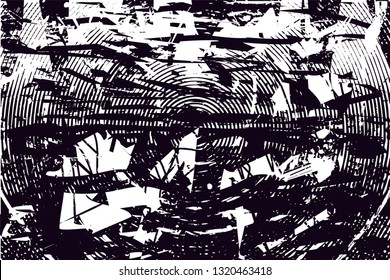 Distressed background in black and white texture with circles, spots, scratches and lines. Abstract vector illustration
