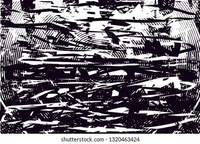 Distressed background in black and white texture with circles, spots, scratches and lines. Abstract vector illustration