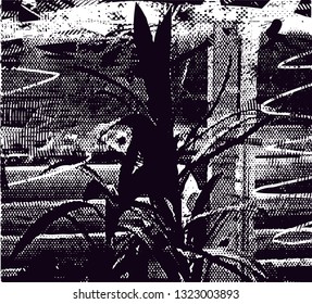Distressed background in black and white texture from leaves, with  dark spots, scratches and lines. Abstract vector illustration