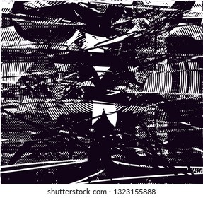 Distressed background in black and white texture with dots, spots, scratches and lines. Abstract vector illustration