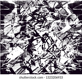 Distressed background in black and white texture with dots, spots, scratches and lines. Abstract vector illustration