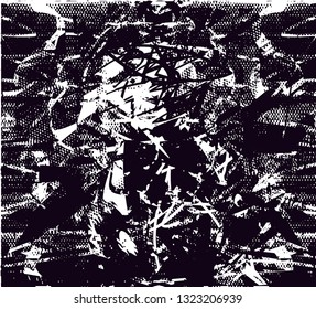 Distressed background in black and white texture with dots, spots, scratches and lines. Abstract vector illustration