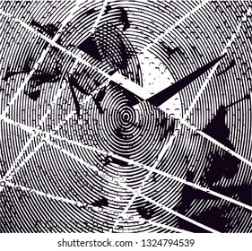 Distressed background in black and white texture with circles, spots, scratches and lines. Abstract vector illustration