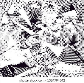 Distressed background in black and white texture with circles, spots, scratches and lines. Abstract vector illustration