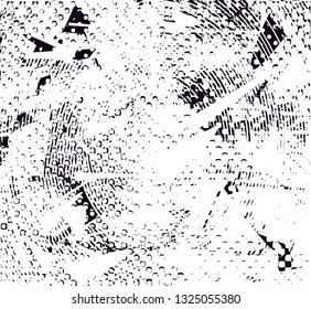 Distressed background in black and white texture with circles, spots, scratches and lines. Abstract vector illustration