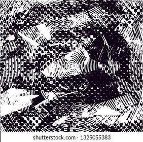 Distressed background in black and white texture with circles, spots, scratches and lines. Abstract vector illustration