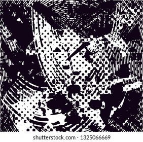 Distressed background in black and white texture with dots, spots, scratches and lines. Abstract vector illustration