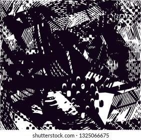 Distressed background in black and white texture with dots, spots, scratches and lines. Abstract vector illustration