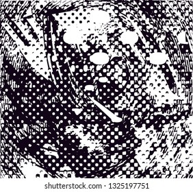 Distressed background in black and white texture with dots, spots, scratches and lines. Abstract vector illustration