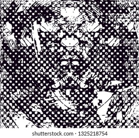 Distressed background in black and white texture with dots, spots, scratches and lines. Abstract vector illustration