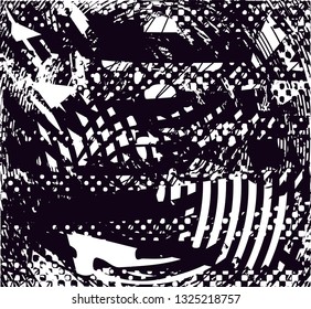 Distressed background in black and white texture with dots, spots, scratches and lines. Abstract vector illustration