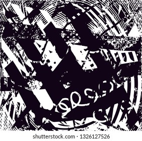 Distressed background in black and white texture with  dark spots, scratches and lines. Abstract vector illustration